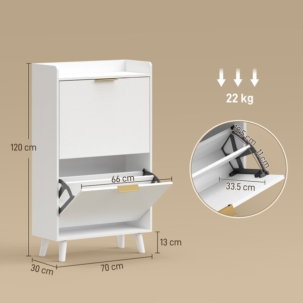 HOMCOM Scarpiera Stretta con 2 cassetti ribaltabili e ripiani regolabili per 12 paia, 70x30x120 cm, Bianco | Aosom Italy