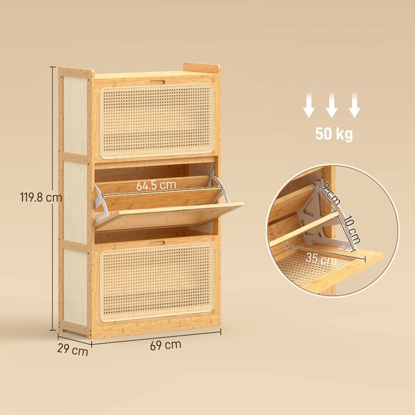 HOMCOM Scarpiera Stretta in Bambù per 18-21 Paia di Scarpe, 3 Cassetti a Ribalta in Rattan, 69x29x119,8 cm, Naturale | Aosom Italy