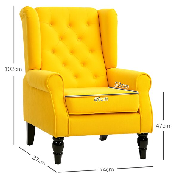 HOMCOM Poltrona Camera da Letto in Stile Francese con Ampia Seduta e Gambe in Legno per Soggiorno e Ufficio, Giallo | Aosom Italy