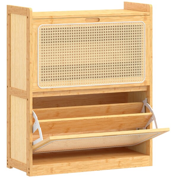 HOMCOM Scarpiera Stretta in Bambù per 12-14 Paia di Scarpe con 2 Ante a Ribalta in Rattan, 69x29x83 cm, Finitura Legno Naturale | Aosom Italy