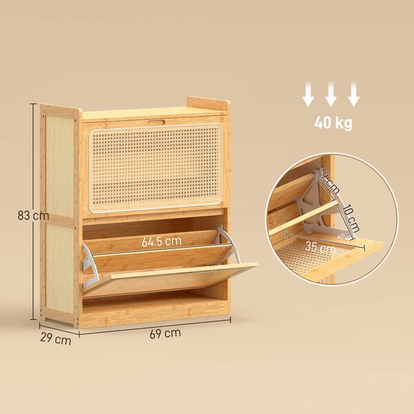 HOMCOM Scarpiera Stretta in Bambù per 12-14 Paia di Scarpe con 2 Ante a Ribalta in Rattan, 69x29x83 cm, Finitura Legno Naturale | Aosom Italy