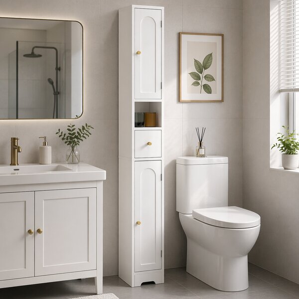 HOMCOM Mobile bagno con Cassetto, Armadio Stretto con Ante Arcuate e Ripiani Regolabili, 20x20x185 cm, Bianco | Aosom Italy
