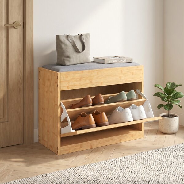 HOMCOM Panca Scarpiera con Seduta Imbottita e Sportello Ribaltabile, Porta in Rattan e Ripiano Regolabile, 63x29x48 cm, Legno Naturale | Aosom Italy