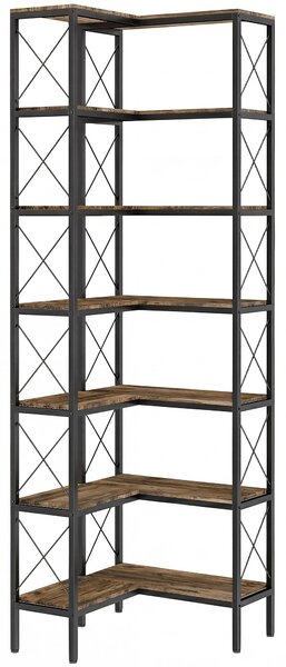 HOMCOM Libreria Angolare a 6 Ripiani a L Indipendente, Telaio in metallo, 60x60x200 cm, Marrone Rustico | Aosom Italy