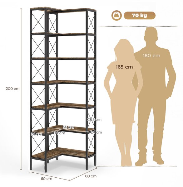 HOMCOM Libreria Angolare a 6 Ripiani a L Indipendente, Telaio in metallo, 60x60x200 cm, Marrone Rustico | Aosom Italy