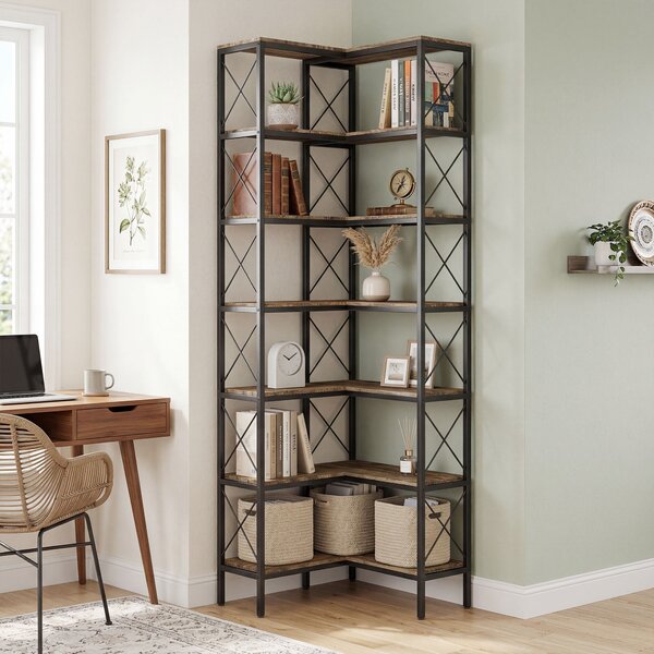 HOMCOM Libreria Angolare a 6 Ripiani a L Indipendente, Telaio in metallo, 60x60x200 cm, Marrone Rustico | Aosom Italy