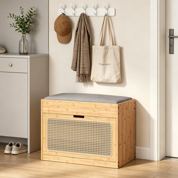 HOMCOM Panca Scarpiera con Seduta Imbottita e Sportello Ribaltabile, Porta in Rattan e Ripiano Regolabile, 63x29x48 cm, Legno Naturale | Aosom Italy