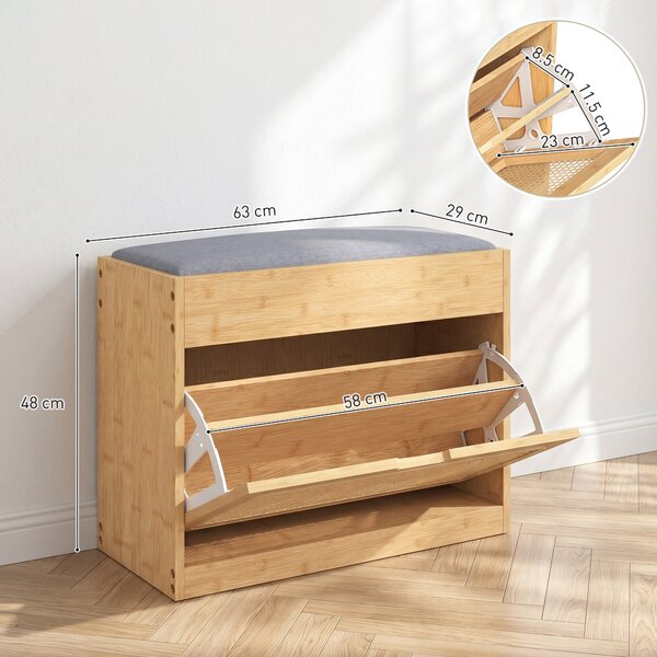 HOMCOM Panca Scarpiera con Seduta Imbottita e Sportello Ribaltabile, Porta in Rattan e Ripiano Regolabile, 63x29x48 cm, Legno Naturale | Aosom Italy