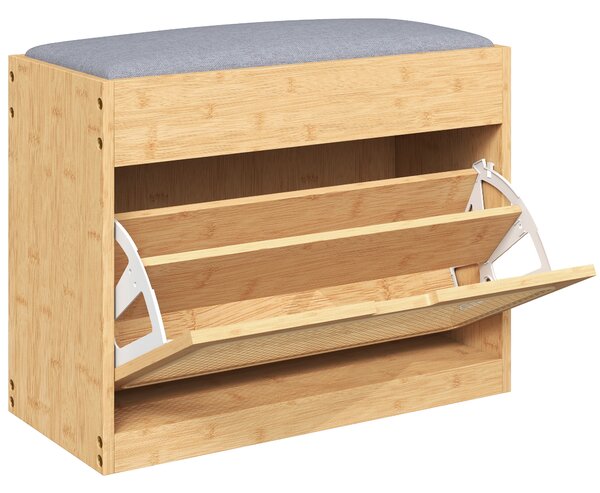 HOMCOM Panca Scarpiera con Seduta Imbottita e Sportello Ribaltabile, Porta in Rattan e Ripiano Regolabile, 63x29x48 cm, Legno Naturale | Aosom Italy