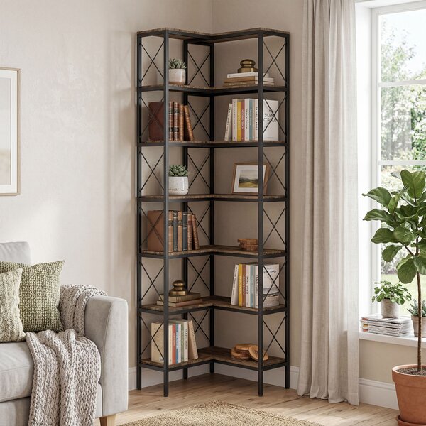 HOMCOM Libreria Angolare a 6 Ripiani a L Indipendente, Telaio in metallo, 60x60x200 cm, Marrone Rustico | Aosom Italy
