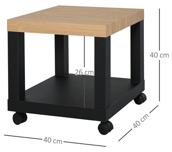 HOMCOM Tavolino Moderno su Ruote con Mensola Aperta, 40x40x40 cm, Legno Naturale e Nero | Aosom Italy