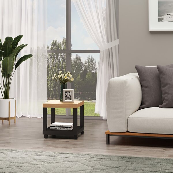 HOMCOM Tavolino Moderno su Ruote con Mensola Aperta, 40x40x40 cm, Legno Naturale e Nero | Aosom Italy