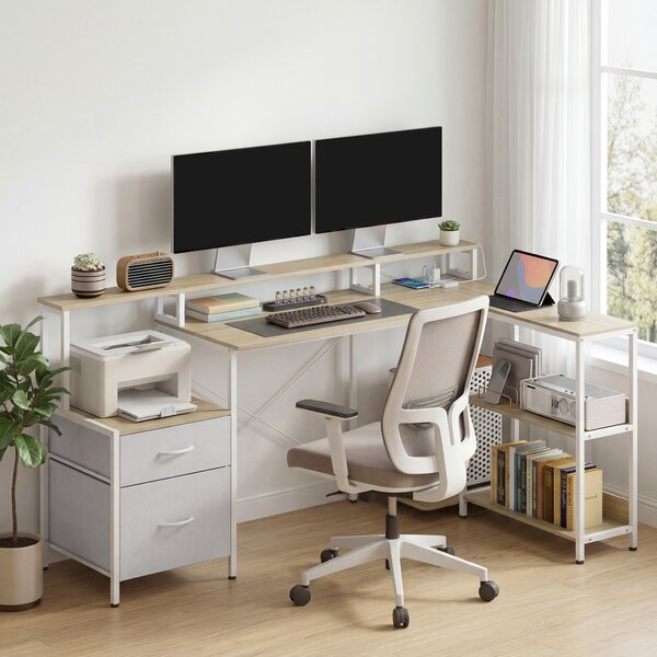 HOMCOM Scrivania Angolare per Computer con Prese, Luci LED RGB, Supporto per Schermo e 2 Cassetti, 172x100 cm, Bianco | Aosom Italy