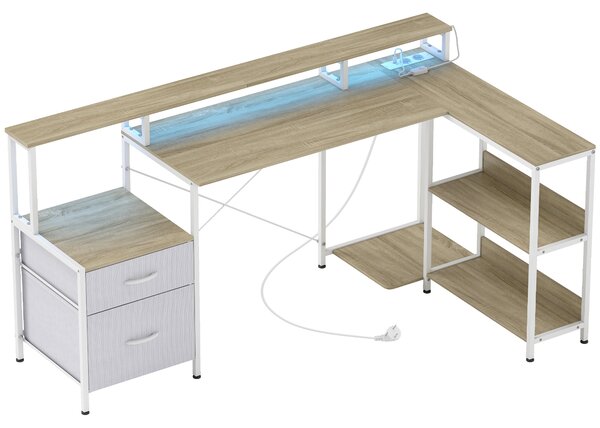 HOMCOM Scrivania Angolare per Computer con Prese, Luci LED RGB, Supporto per Schermo e 2 Cassetti, 172x100 cm, Bianco | Aosom Italy