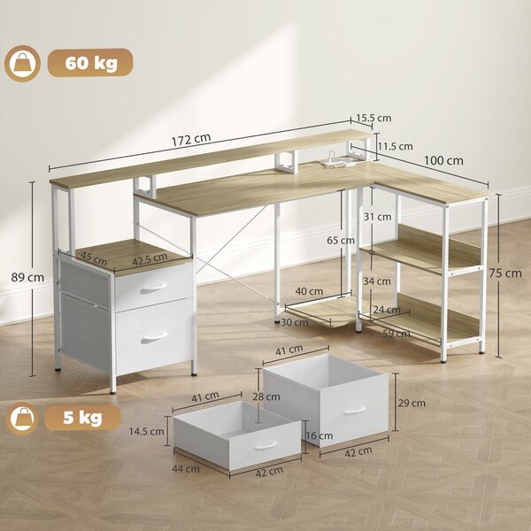 HOMCOM Scrivania Angolare per Computer con Prese, Luci LED RGB, Supporto per Schermo e 2 Cassetti, 172x100 cm, Bianco | Aosom Italy