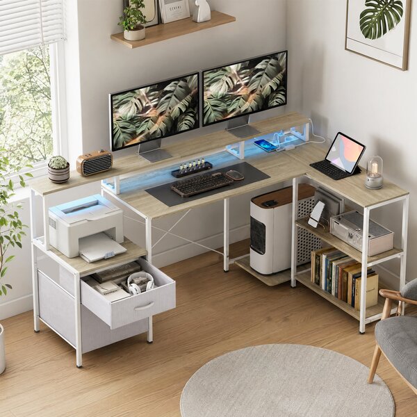 HOMCOM Scrivania Angolare per Computer con Prese, Luci LED RGB, Supporto per Schermo e 2 Cassetti, 172x100 cm, Bianco | Aosom Italy