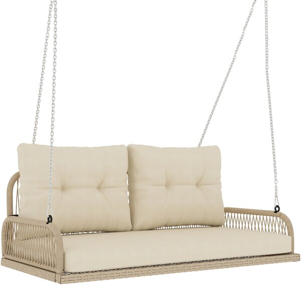Outsunny Panca Sospesa Esterna a 2 Posti in Resina Intrecciata con Cuscini e Catene in Acciaio, 115x66x44 cm, Beige | Aosom Italy