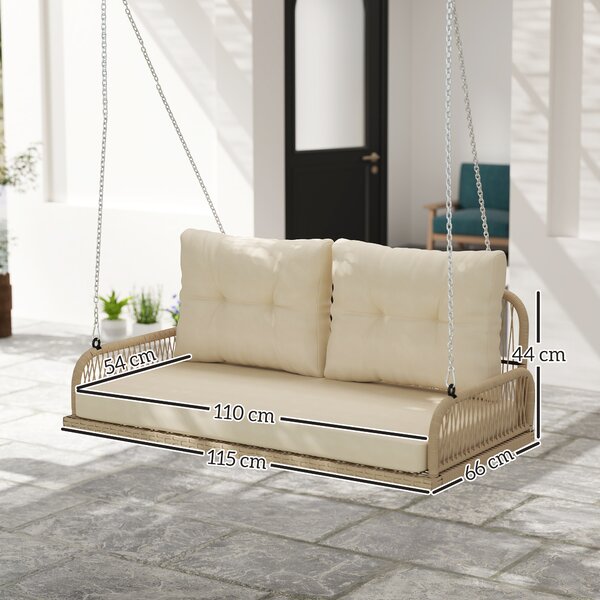 Outsunny Panca Sospesa Esterna a 2 Posti in Resina Intrecciata con Cuscini e Catene in Acciaio, 115x66x44 cm, Beige | Aosom Italy