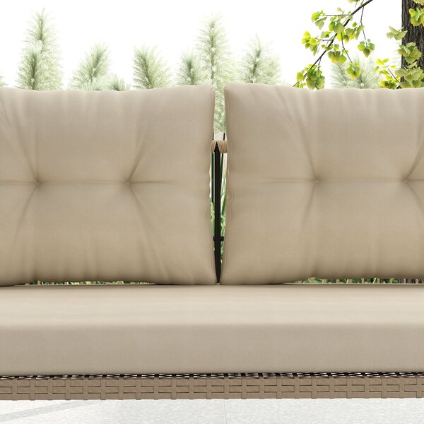 Outsunny Panca Sospesa Esterna a 2 Posti in Resina Intrecciata con Cuscini e Catene in Acciaio, 115x66x44 cm, Beige | Aosom Italy