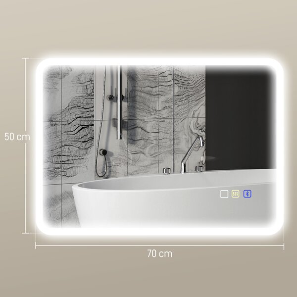 HOMCOM Specchio da Bagno LED Bluetooth con Luce Regolabile e 3 Colori Antiappannamento, 70x3.5x50 cm, Argento | Aosom Italy