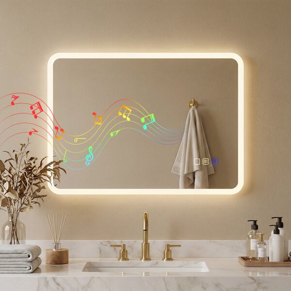 HOMCOM Specchio da Bagno LED Bluetooth con Luce Regolabile e 3 Colori Antiappannamento, 70x3.5x50 cm, Argento | Aosom Italy