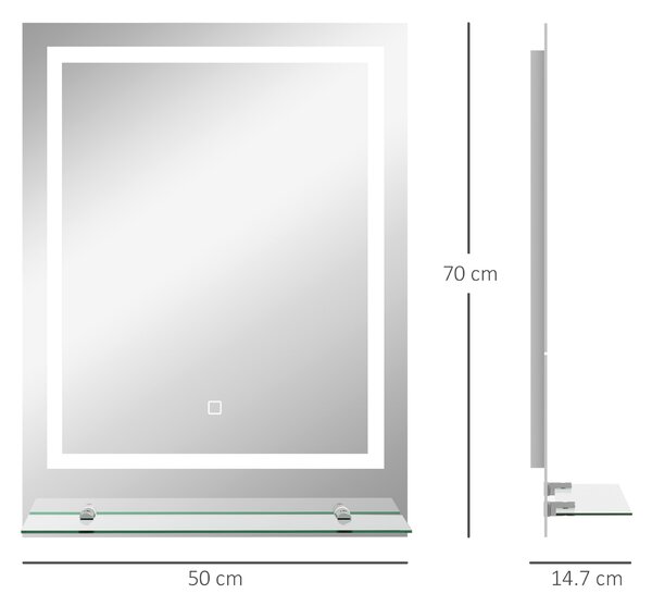 Kleankin Specchio Rettangolare Luminoso LED da parete per bagno, 70x50x2.7 cm, Trasparente | Aosom Italy