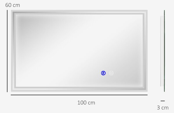 Kleankin Specchio da bagno Rettangolare da Parete Illuminato a LED Orizzontale o Verticale, 100x60x4 cm, Trasparente | Aosom Italy