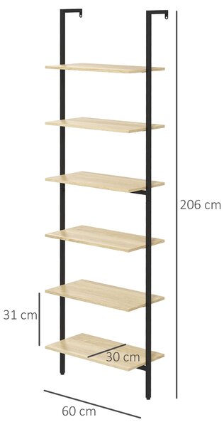 HOMCOM Scaffale Libreria Industriale da parete con 6 ripiani in Acciaio, 60x30x206 cm, Legno Naturale | Aosom Italy