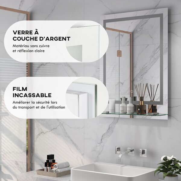 Kleankin Specchio Rettangolare Luminoso LED da parete per bagno, 70x50x2.7 cm, Trasparente | Aosom Italy