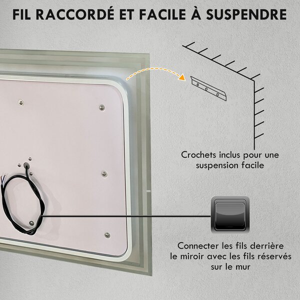 Kleankin Specchio da bagno Rettangolare da Parete Illuminato a LED Orizzontale o Verticale, 100x60x4 cm, Trasparente | Aosom Italy