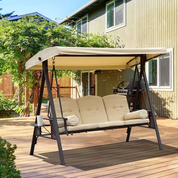 Outsunny Dondolo 3 Posti da Giardino in Metallo con Tetto Inclinabile e Cuscini Imbottiti, 208x120x172 cm, Beige | Aosom Italy