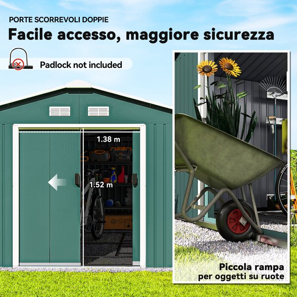 Outsunny Casetta da Giardino in Acciaio Porta Attrezzi, 2 Porte Scorrevoli, 4 Prese d’Aria, 340x386x200 cm, Verde | Aosom Italy