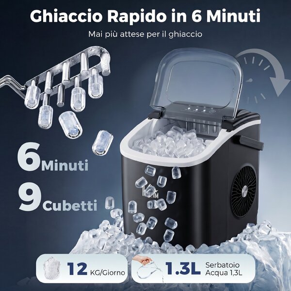 HOMCOM Macchina del Ghiaccio da 9 Cubetti in 6-12 Minuti con Cestello e Paletta Inclusi, 23.8x30.5x29 cm, Nero|Aosom