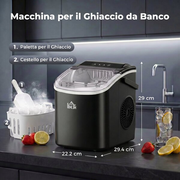 HOMCOM Macchina del Ghiaccio da 9 Cubetti in 6-12 Minuti con Cestello e Paletta Inclusi, 23.8x30.5x29 cm, Nero|Aosom