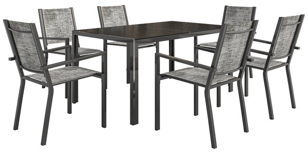 Outsunny Set 7 Pezzi con Tavolo Rettangolare e 6 Sedie Impilabili Traspiranti in Acciaio per Giardino e Esterno, Grigio e Nero | Aosom Italy