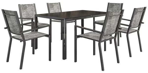 Outsunny Set 7 Pezzi con Tavolo Rettangolare e 6 Sedie Impilabili Traspiranti in Acciaio per Giardino e Esterno, Grigio e Nero | Aosom Italy