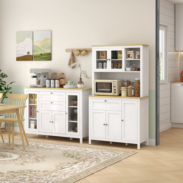 HOMCOM Mobile Cucina con 2 Cassetti e 3 Armadietti, Ante in Vetro e Ripiani Regolabili, 120x40x90 cm, Bianco e Rovere | Aosom Italy