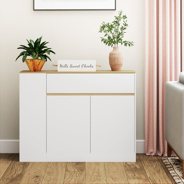 HOMCOM Credenza Moderno da cucina con 2 cassetti, Mobile con 3 scaffali aperti e 2 ante, per soggiorno, sala e Ingresso, Bianco/Legno | Aosom Italy