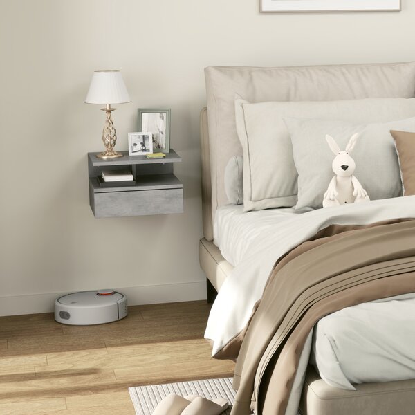 HOMCOM Set da 2 Comodini Sospesi con Cassetto e Mensola per Camera da Letto in Legno, 35x32x22.5cm,Grigio | Aosom Italy
