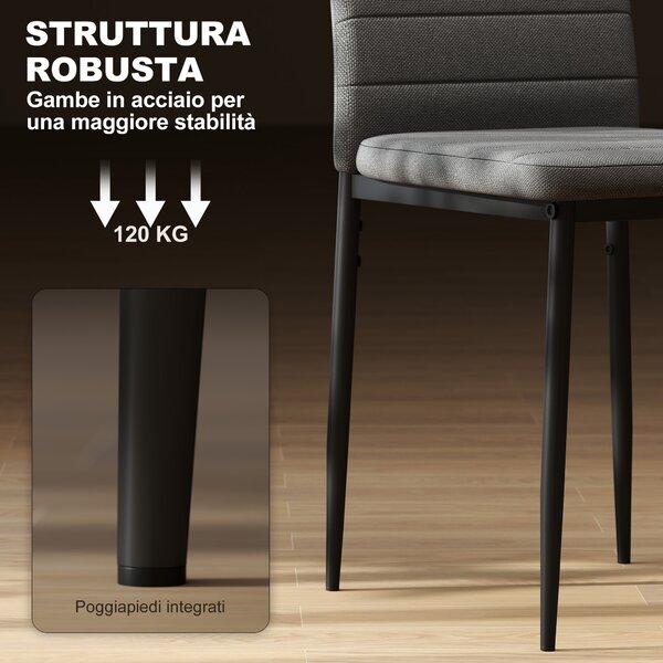 HOMCOM Set 6 Sedie Imbottite per Soggiorno o Sala da Pranzo, Sedie da Cucina Moderne, in Acciaio e Tessuto Grigio | Aosom Italy