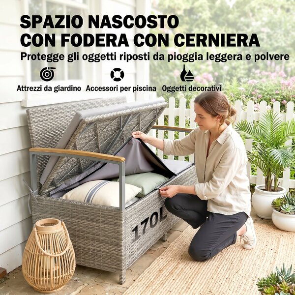 Outsunny Panca Giardino 170L, 2 Posti Rattan con Cuscino, Grigio Chiaro | Aosom Italy