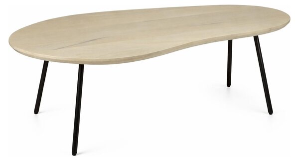 Tavolino da salotto WOHNLING, forma a "reno", in legno massello di mango, finitura bianca, 122 cm. Tavolino da salotto in legno, ideale come tavolino da divano o tavolino ausiliario. Struttura in metallo. Design retrò, realizzato a mano
