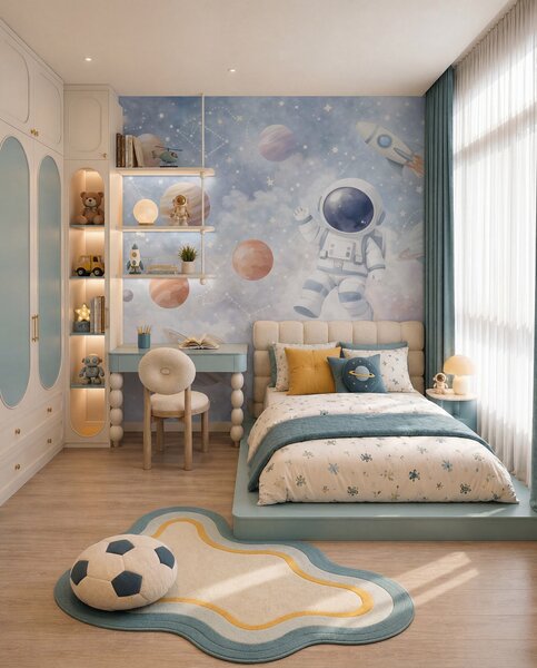 Carta da parati un piccolo astronauta tra pianeti e stelle, Carta da parati Buffer, w05233 : Uwalls.it