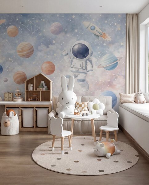 Carta da parati un piccolo astronauta tra pianeti e stelle, Carta da parati Buffer, w05233 : Uwalls.it