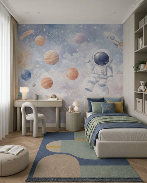 Carta da parati un piccolo astronauta tra pianeti e stelle, Carta da parati Buffer, w05233 : Uwalls.it