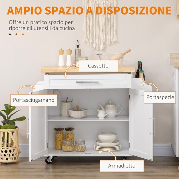 HOMCOM Carrello multiuso da Cucin con Cassetto, Portaspezie e Armadietto in Legno, 109x40x89 cm, Bianco | Aosom Italy
