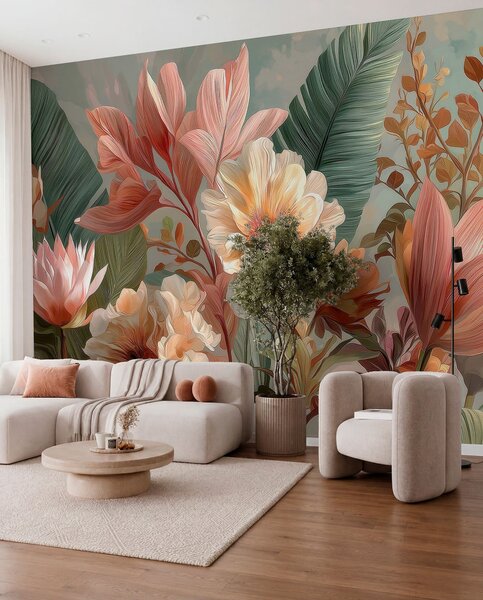 Carta da parati Fiori con foglie, Carta da parati Buffer, w05378 : Uwalls.it