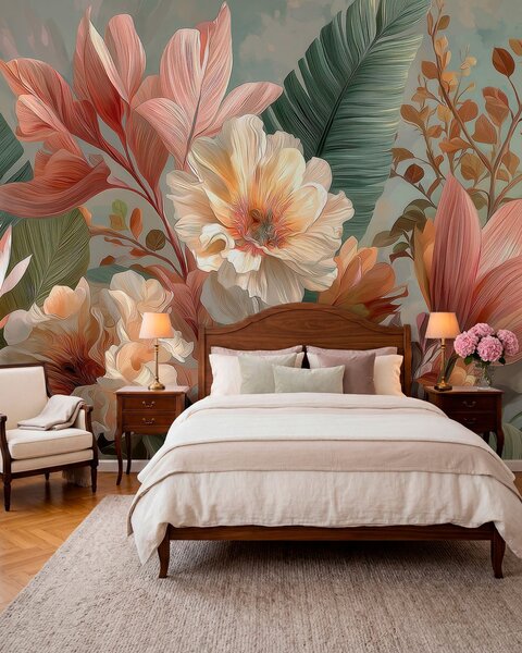 Carta da parati Fiori con foglie, Carta da parati Buffer, w05378 : Uwalls.it