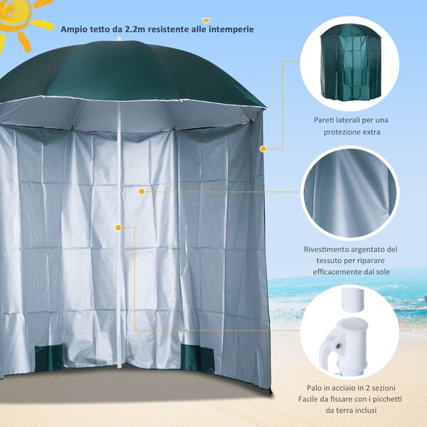 Outsunny Ombrellone da Spiaggia e da Giardino Φ220cm con Tenda Parasole, Poliestere e Metallo, Verde Scuro e Bianco|Aosom