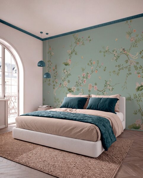Carta da parati Rami in fiore con uccelli su sfondo blu, Carta da parati Stile Orientale, w05416v1 : Uwalls.it